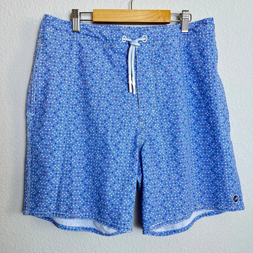 Johnnie-O Mens Blue Geometric Diamond Print Swim Trunks Size Medium Drawstring